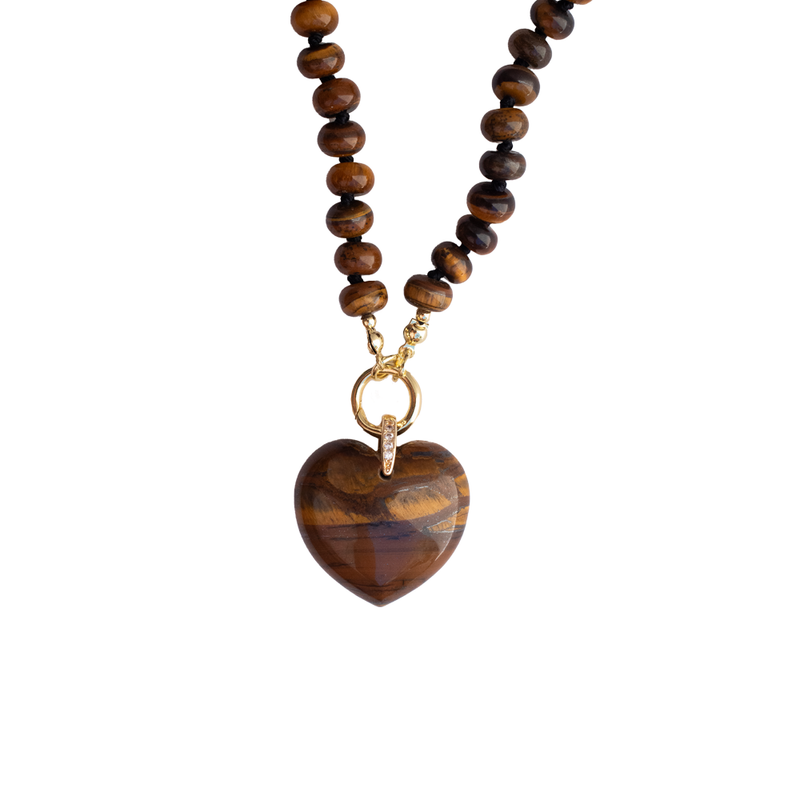 Tiger Eye Stone Necklace + Heart Charm