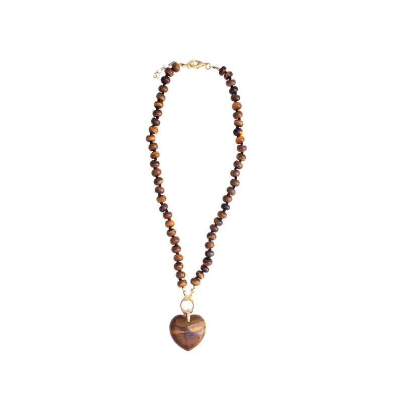 Tiger Eye Stone Necklace + Heart Charm
