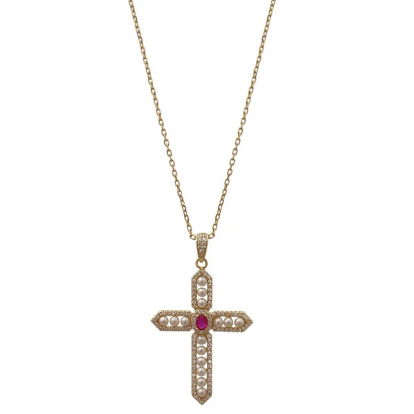 Lucky Pearl Cross Necklace 'Varios colores'