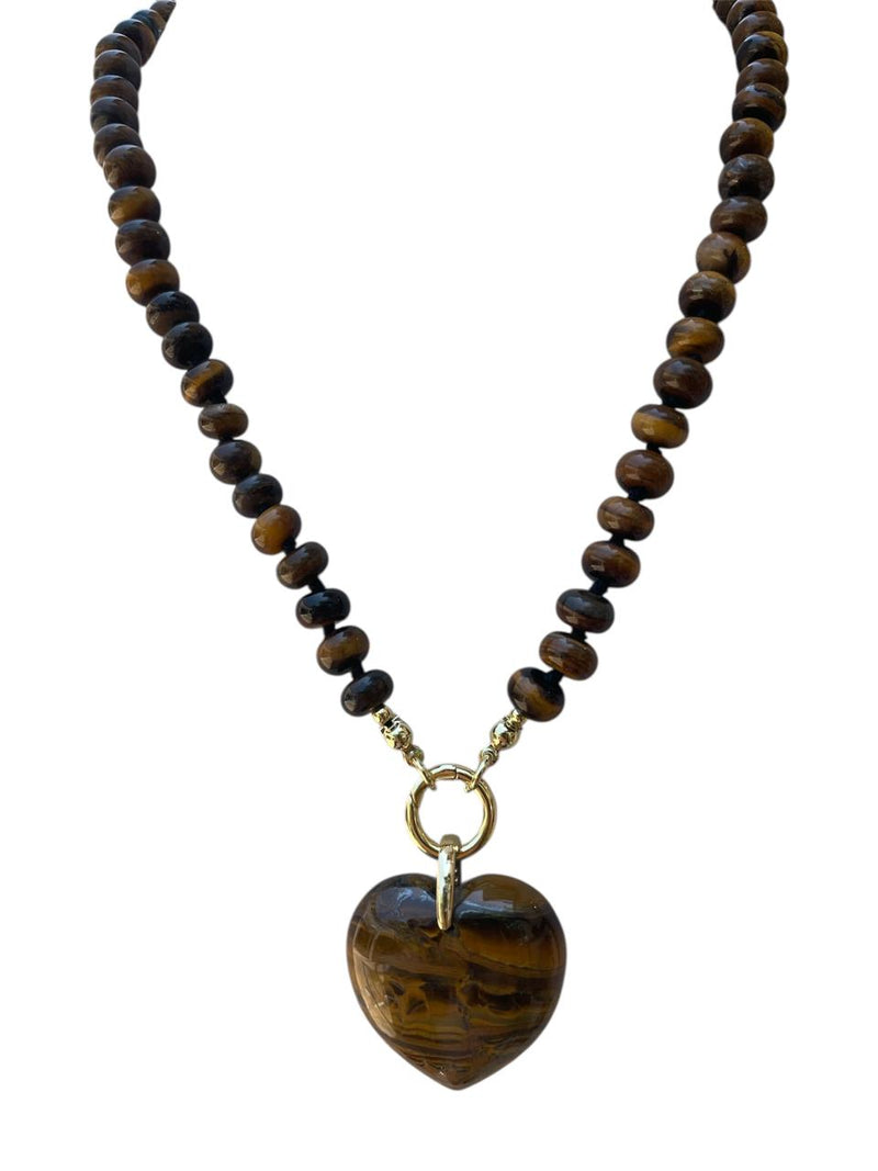 Tiger Eye Stone Necklace + Heart Charm