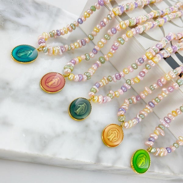 'EVA' Mini Colored Pearls Choker Necklace with Enamel Virgin